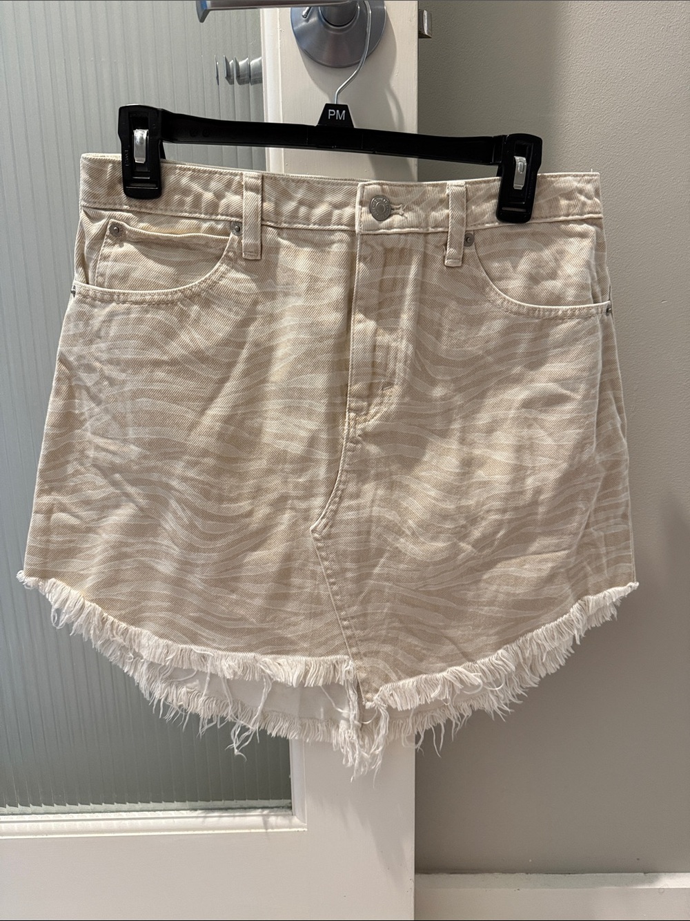 We The Free Beige Zebra-Print Fringed Denim Skirt